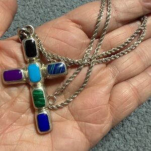 Sterling Multicolor Stone Cross Pendant on Stefling 20" Rope Chain  (3)